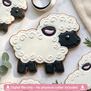 May include: A decorated sheep-shaped cookie with white icing and black accents. The sheep has a black face, legs, and a pink mouth. The cookie is surrounded by other sheep cookies and greenery. The text "Digital file only • No physical cutter included" is at the bottom.
