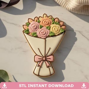 May include: A bouquet-shaped cookie with pastel-colored roses, green leaves, and a cream-colored wrapping. The cookie is decorated with a pink bow and outlined in brown. Text at the bottom reads "STL INSTANT DOWNLOAD".