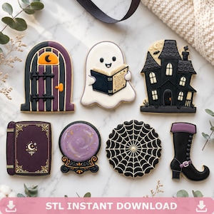 Puede incluir: Un conjunto de siete galletas con temática de Halloween que incluye una puerta arqueada morada y negra, un fantasma blanco leyendo un libro, una casa encantada negra, un libro de hechizos morado, una bola de cristal, una telaraña y una bota negra.
