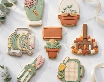 May include: A collection of garden-themed cookies, including a gardening glove holding flowers, a potted plant under a glass dome, a garden hose, a sign with a plant, a rake with leaves, a pair of shears, and a mug with a shovel. The text "STL INSTANT DOWNLOAD" is at the bottom.