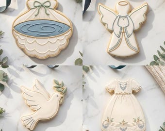 May include: Four decorated sugar cookies in a square arrangement. The cookies are shaped like a seashell, an angel, a dove with an olive branch, and a dress. The cookies are decorated with white, blue, and gold icing. The text "STL INSTANT DOWNLOAD" is at the bottom.
