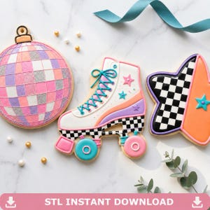 May include: Three decorated sugar cookies shaped like a disco ball, a roller skate, and a star. The disco ball features pink, purple, and silver squares. The white roller skate has teal laces, a checkered base, and pink wheels. The star is black and white checkered with an orange side.