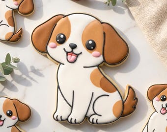 May include: Several puppy-shaped cookies with white, brown, and black icing are arranged on a white surface. The cookies have large black eyes, pink cheeks, and brown ears. The text "STL INSTANT DOWNLOAD" is at the bottom.