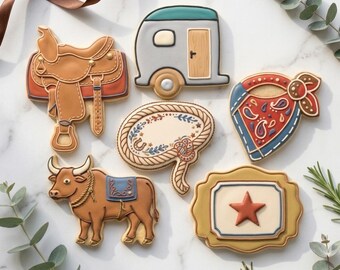May include: Assortment of cowboy-themed cookies, including a saddle, a trailer, a bandana, a rope, a bull, and a star-shaped emblem. The cookies are decorated with brown, tan, red, blue, and white icing. The text "STL INSTANT DOWNLOAD" is at the bottom.