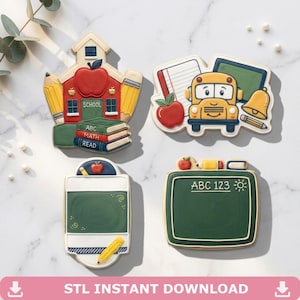 May include: Four school-themed sugar cookies featuring a red schoolhouse with books, a yellow school bus with a red apple and bell, a green chalkboard with a pencil, and a green chalkboard with the text ABC 123 and a small sun illustration.