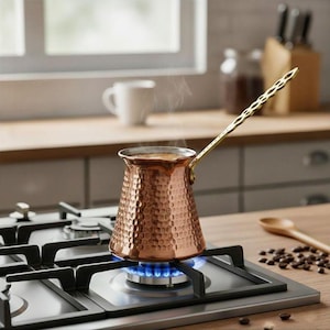 May include: A copper coffee pot with a hammered texture is heated on a gas stove. The pot has a long, gold-coloured handle and is filled with coffee. Steam rises from the pot, indicating the coffee is hot and ready to serve.