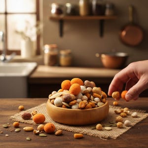 Könnte beinhalten: Eine Holzschale gefüllt mit einer Mischung aus Nüssen und Snacks, darunter orangefarbene Erdnüsse, Samen und verschiedene Nüsse. Die Schale steht auf einer Jutematte auf einem Holztisch. Eine Hand greift nach einigen der Snacks.