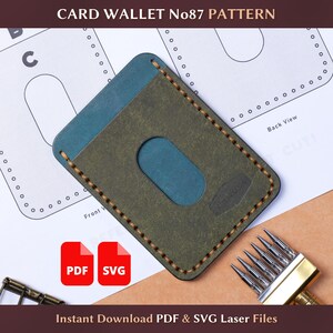 May include: A handmade card wallet pattern in olive green and teal leather, with stitched edges. The design includes a cutout for card access and is displayed on a craft paper background. Text on the image reads "CARD WALLET No87 PATTERN" and "Instant Download PDF & SVG Laser Files."