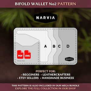 Puede incluir: Un patrón digital de billetera bifold No2 de Narvia que presenta secciones etiquetadas A, B, C y D con orificios de costura premarcados. El gráfico incluye iconos de archivos PDF y SVG rojos, el texto Interior View y el logotipo de Narvia.