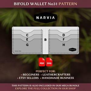 Peut inclure: Un patron numérique pour un portefeuille biface, présentant une vue intérieure détaillée avec des compartiments étiquetés. Le design comprend le logo "NARVIA", des icônes de fichiers PDF et SVG, et le texte "BIFOLD WALLET No31 PATTERN".