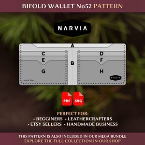 Könnte beinhalten: Eine digitale Vorlage für eine Bifold-Geldbörse mit der Aufschrift BIFOLD WALLET No52 PATTERN, bestehend aus einem grauen Layout mit den Abschnitten A bis H, dem NARVIA-Logo sowie PDF- und SVG-Dateisymbolen. Das Design zeigt Löcher für Nähte.