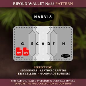 Puede incluir: Un patrón digital de billetera bifold No55 de Narvia, con un diseño gris con secciones etiquetadas G, E, C, A, D, F y H. El gráfico incluye iconos de archivos PDF y SVG en rojo, el texto Interior View y un logotipo negro de Narvia.