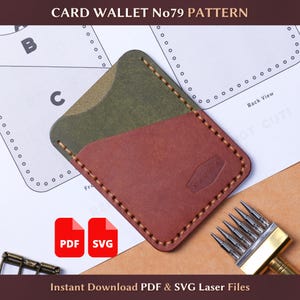 May include: A handmade card wallet pattern in brown and olive green leather. The wallet is stitched with a contrasting thread and features the text "NARVIA". The image also includes PDF and SVG file icons, and the text "Instant Download PDF & SVG Laser Files".