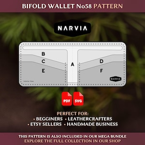 Puede incluir: Una plantilla digital para una cartera bifold etiquetada como Bifold Wallet No58 Pattern de Narvia. El gráfico muestra una vista interior del diseño de la cartera con secciones marcadas A, B, C, D, E y F, junto con iconos de formato PDF y SVG.