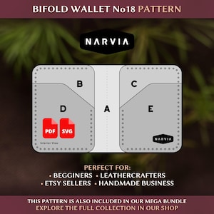 May include: A digital pattern for a bifold wallet, showing an interior view with labelled sections. The design includes the text "BIFOLD WALLET No18 PATTERN" and the brand name "NARVIA". The pattern is available in PDF and SVG formats.