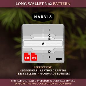 May include: A digital template for a long wallet labeled No2 Pattern by Narvia. The gray layout features sections marked A through F with dotted stitching lines. Red icons indicate PDF and SVG file formats are included in this design document.