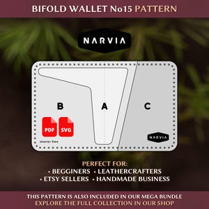 Puede incluir: Un patrón digital para una cartera plegable, que presenta una vista interior detallada con las secciones A, B y C. El diseño incluye el logotipo "NARVIA" e iconos para los formatos PDF y SVG. El texto en la parte superior dice "BIFOLD WALLET No15 PATTERN".