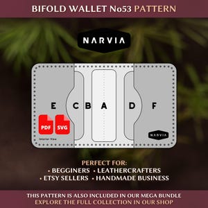 以下が含まれることがあります： Narviaによる二つ折り財布No53のデジタルパターンテンプレート。グレーのレイアウトにAからFまでのラベル付きセクション、縫い穴マーカー、赤色のPDFおよびSVGアイコンが表示されています。デザインには「Bifold Wallet No53 Pattern」および「Interior View」というテキストが含まれています。