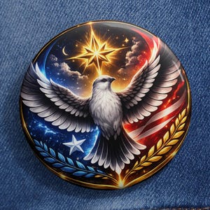 Puede incluir: Un botón redondo con un diseño patriótico que presenta un águila blanca con las alas extendidas, sobre un fondo de la bandera estadounidense y un cielo estrellado. El botón está sujeto a una chaqueta vaquera.