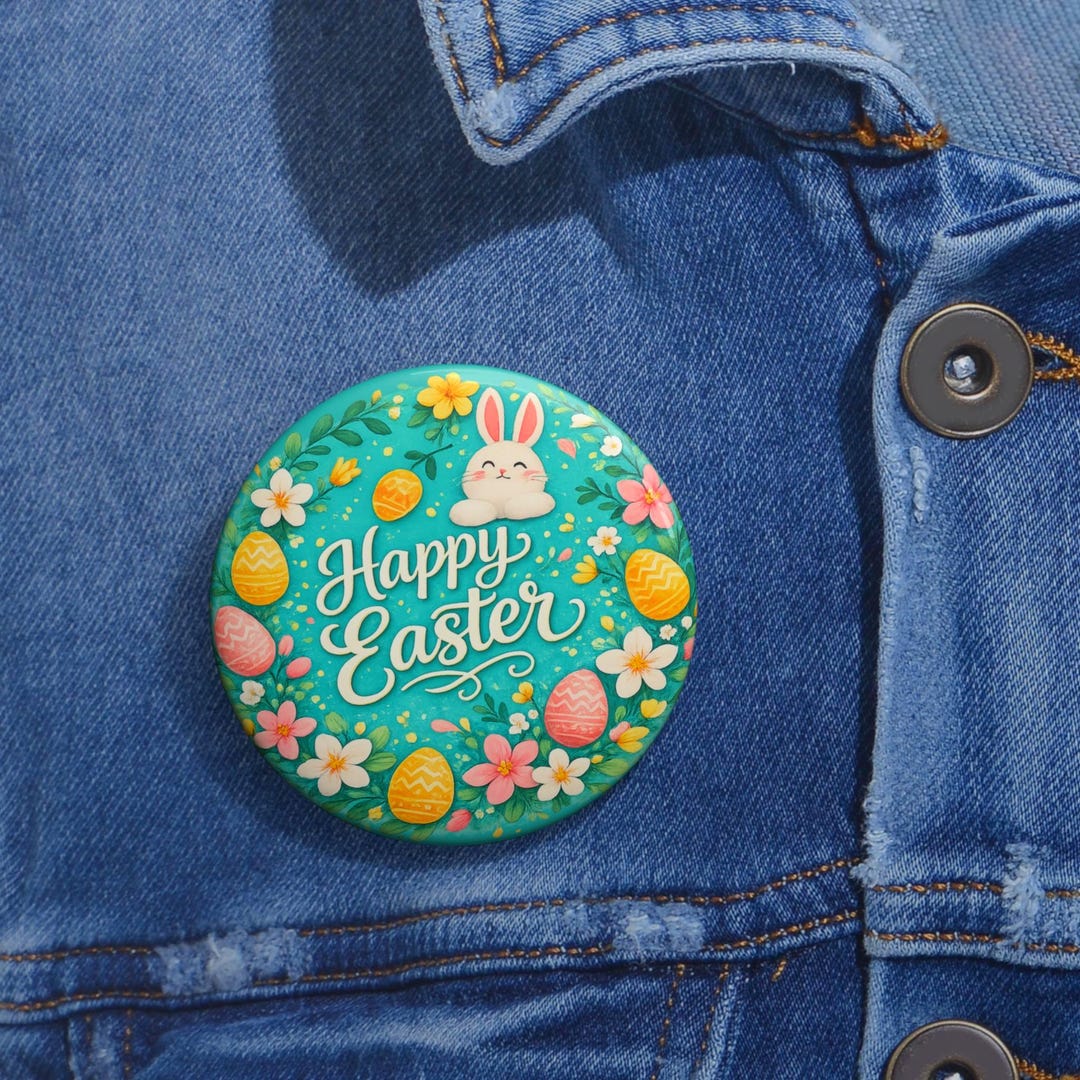 Happy Easter Bunny Pin Button | Floral Easter Egg Badge | Cute Spring ...