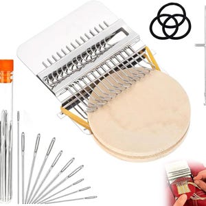 May include: A silver-colored weaving tool with a wooden base, needles, and a clear tube with an orange cap. Also included are black rubber bands and a metal hook. The tools are for crafting and textile work.