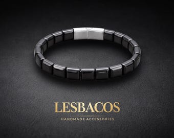 Bracciale artigianale in ematite naturale – Cavo d’acciaio a doppio filo, gioiello unisex