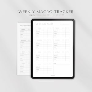 Puede incluir: Un rastreador de macros semanales digital que se muestra en una tableta negra y una hoja impresa. El rastreador incluye secciones para calorías, proteínas, carbohidratos, grasas y azúcar, con espacio para los valores objetivo y reales. El texto "WEEKLY MACRO TRACKER" está en la parte superior.