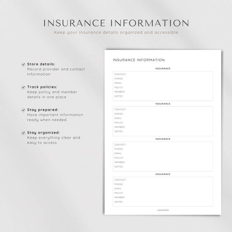 Insurance Information Printable, Insurance Log, Policy Tracker, Medical ...