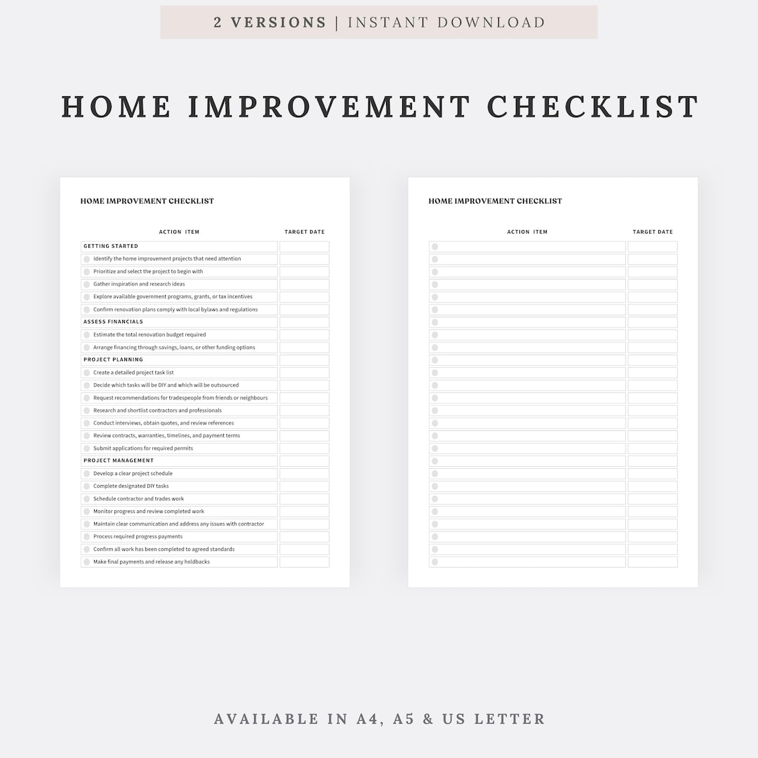 Home Improvement Checklist Printable PDF | Renovation Checklist | Home ...