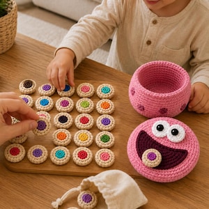 May include: A crochet memory game set featuring a wooden board, a pink monster-themed storage basket with a lid, and numerous small, round, beige-colored crochet tokens with colorful centers in shades of blue, purple, orange, green, and pink.