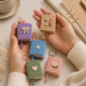 Könnte beinhalten: Fünf gehäkelte Miniatur-Buch-Schlüsselanhänger in Lila, Beige, Blau, Grün und Rosa. Jeder Anhänger hat einen silbernen Metallring und eine kleine gehäkelte Lesezeichen-Quaste. Die Einbände sind mit gestickten Motiven wie Schleife, Blumen, Stern und Herz verziert.