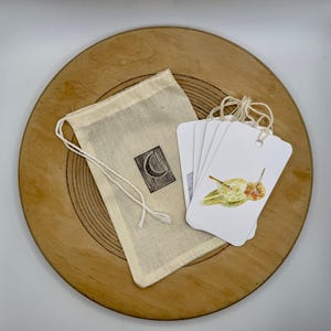 May include: A set of white cards with watercolor hummingbird illustrations, tied together with twine, next to a small beige drawstring bag with a crescent moon design. The items are arranged on a round wooden surface.
