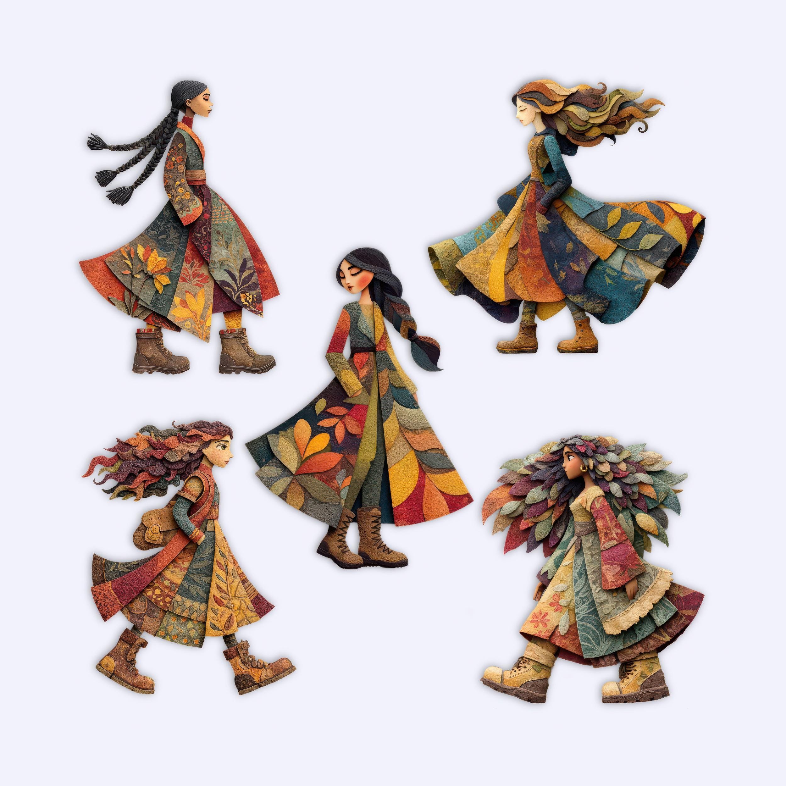 Botanical Boho Women Clipart Set, Paper Doll Dress Characters, Boho ...