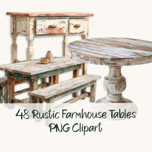 May include: A collection of rustic farmhouse tables in various styles. The tables are made of distressed wood with a weathered appearance, featuring shades of white, blue, and brown. The image includes a console table, a round table, and a picnic table set. Text: 48 Rustic Farmhouse Tables PNG Clipart.