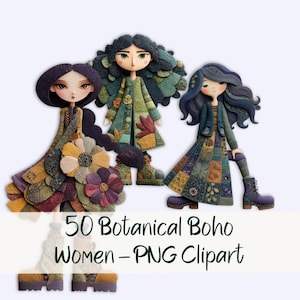 Set di clipart di donne boho botaniche, personaggi di abiti da bambola di carta, stile patchwork boho, immagini trasparenti