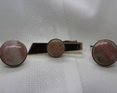 Pink and Green Stone Cuff Links and Tie Clip
