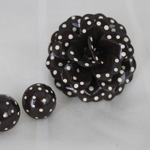 Enamel Polka Dot Flower Brooch and Earrings Chocolate Brown