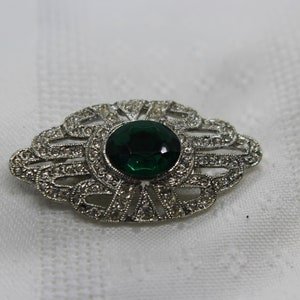 Stunning Rhinestone and Deep Green Brooch Art Deco