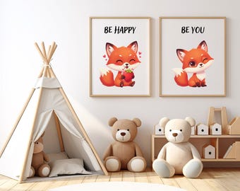 Láminas de zorros para guardería / Decoración de bosque "Sé feliz" y "Sé tú" (Descarga digital)