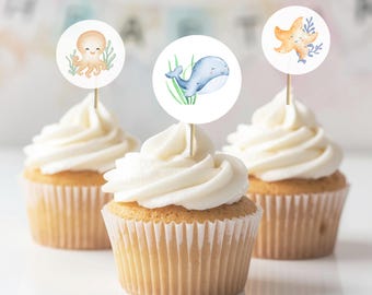 Geburtstagsdeko-Set Meer, Cake & Muffin Topper, Unterwasser Kindergeburtstag, Kuchendeko