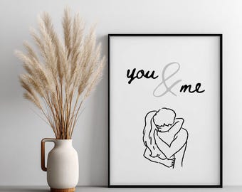 Póster Tú y yo / Paar Poster Liebe / Minimalist Line Art Couple / Geschenk für Paare / Schwarz Weiß Wandbild / Love Print Doodle Art