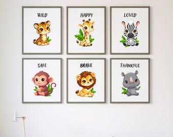 Safari Poster Set Kinderzimmer / Dschungel Tiere Wandbilder / Babyzimmer Deko / Löwe Elefant Giraffe / Imprimir (Descarga digital)