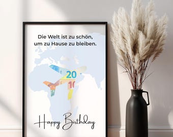 Póster DIY para regalar dinero de cumpleaños y viajes: Avión con mapa del mundo (patrón en PDF)