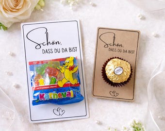 Gastgeschenk Vorlage für Küsschen Rocher Haribo – Schön dass du da bist, DIY Printable Hochzeit Taufe Kommunion Konfirmation Geburtstag