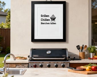 Grillen Chillen Bierchen Killen Poster – Lustiges Grill Wandbild – Männer Deko Küche – BBQ Geschenk für Männer – Küche Print A5 A4 A3