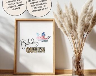 Geldgeschenk Bastelvorlage Geburtstag für Frauen (20,30,40...), Birthday Queen – DIY Happy Birthday, Originelle Idee - zum Ausdrucken