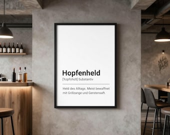 Cartel de Hopfenheld – Lustiges Bier Wandbild – Männer Deko Keller, Grill, Männerhöhle – BBQ Geschenk für Männer – Küche Print A5 A4 A3