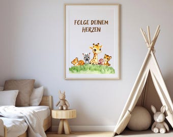 Safari Tiere Poster Kinderzimmer / Folge deinem Herzen / Kids Wandbild / Dschungel Tiere / Digitaler Descargar