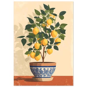 Può includere: Illustrazione digitale di un albero di limoni in un vaso decorativo. L'albero ha foglie verdi e limoni gialli. Il vaso è blu e bianco con un motivo floreale, posto su una superficie color terracotta.