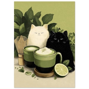 Könnte beinhalten: Illustration mit einer weißen und einer schwarzen Katze, Matcha-Latte und einer Limette. Die Katzen stehen nebeneinander, die weiße Katze links und die schwarze Katze rechts. Die Matcha-Latte sind in grünen Tassen.